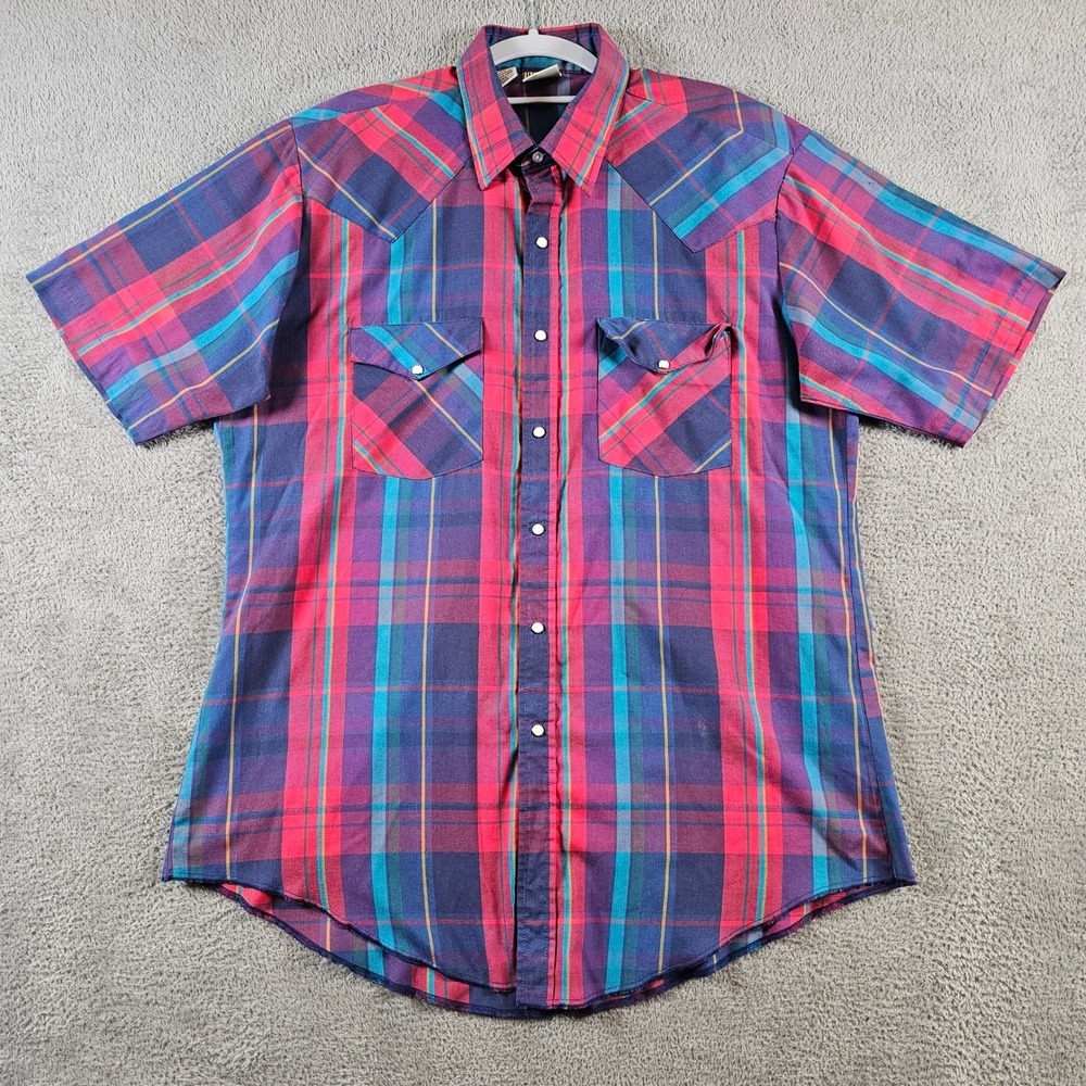 Western Frontier Mens Large Plaid Pearl Snap Shirt Short Sleeve Red Purple USA